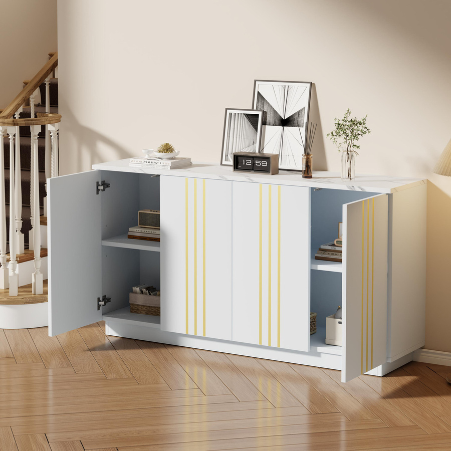 Modernes Wohnzimmer-Sideboard in Weiß mit goldfarbenen Zierleisten und 4 Türen, B/H/T: 140 x 70 x 35 cm - Bild 2