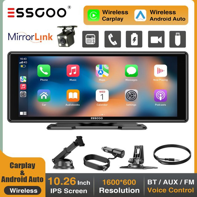 ESSGOO Universal Wireless Carplay und Android Auto Autoradio mit 10,26 Zoll Touchscreen, Mirror Link, AUX und FM Sender in Schwarz - Bild 1