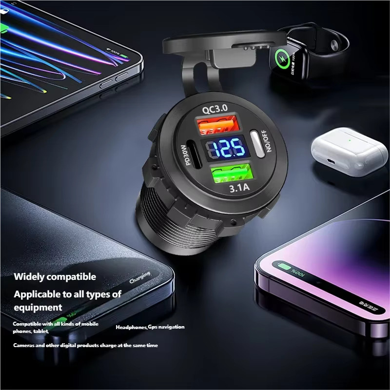Kebidumei Dual USB Schnellladegerät für Auto mit QC 3.0 und PD 30W, wasserdicht mit Schalter, Schwarz - Bild 4