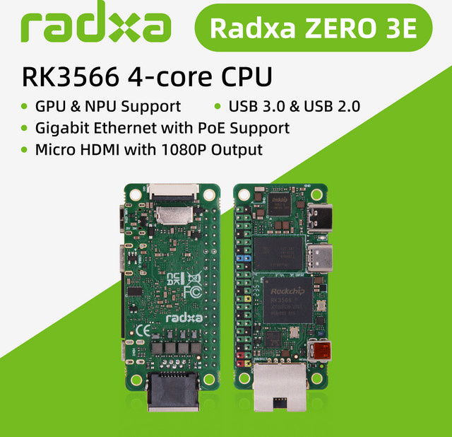Radxa Zero 3E Single-Board-Computer mit RK3566 4-Kern-CPU, GPU, NPU, HDMI 1080p Ausgang und Gigabit-Ethernet in Grün - Bild 1