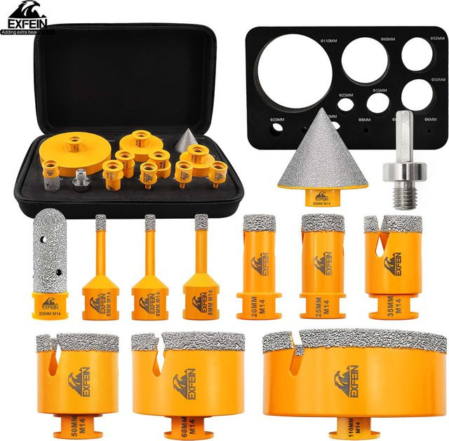 EXFEIN Diamant-Fliesenbohrer-Set, 12-teilig mit Fingerfräser, Fasenbits und Adapter, Durchmesser: 6 mm, 8 mm, 20 mm, 25 mm, 35 mm, 50 mm, 68 mm, 110 mm - Bild 1