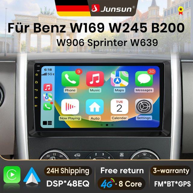 Junsun Android 15 Autoradio mit 9 Zoll IPS-Bildschirm und kabellosem Apple CarPlay für Mercedes Benz W164 W245 B200 W906 Sprinter W639 Vito in Schwarz - Bild 1