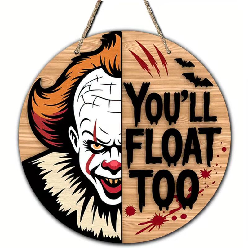 Rundes Holzschild von Potdemiel mit Pennywise-Clown und You'll Float Too Motiv für Halloween - Bild 6