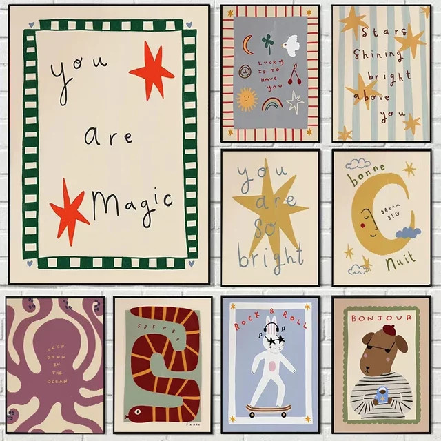 Potdemiel Wandkunst Canvas-Poster mit böhmischem Motiv aus Sonne, Mond, Tieren und Typografie in Mehrfarbig für Kinderzimmer und Wohnzimmer - Bild 1
