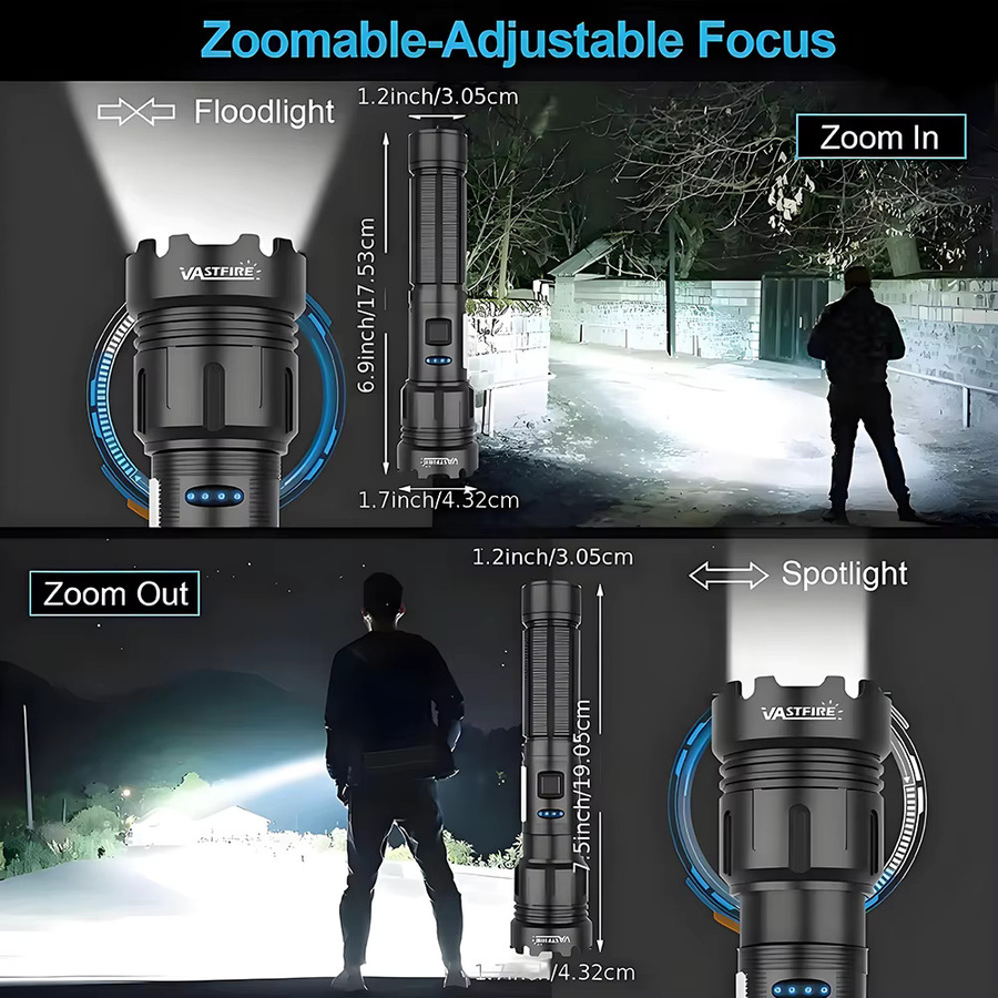 VASTFIRE Taktische LED-Taschenlampe mit USB-Aufladung, Zoom-Funktion und Anzeigeleuchte in Schwarz - Bild 3
