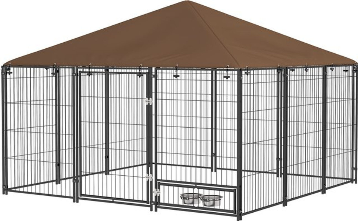 PawHut Hundezwinger für draußen aus Stahl und Oxford-Gewebe mit Napfhalter und wetterfestem Dach, B/T/H: 211 x 211 x 151 cm, Schwarz und Braun - Bild 1