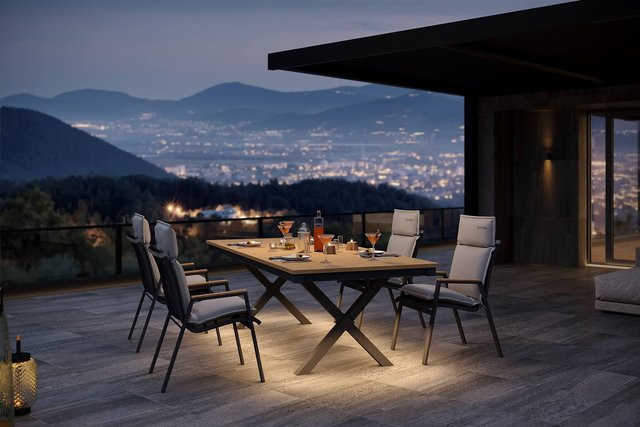 OUTFLEXX Luminara Garten-Essgruppe mit LED-Beleuchtung, Tisch und 4 Stapelsesseln, anthrazit matt, B/T/H: 240 x 100 x 75 cm, inklusive Auflagen - Bild 1