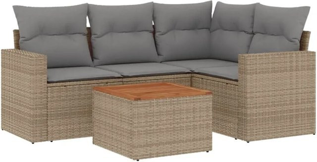 vidaXL 5-tlg. Garten-Sofagarnitur in L-Form aus Poly-Rattan und Akazienholz mit Kissen in Beige - Bild 1