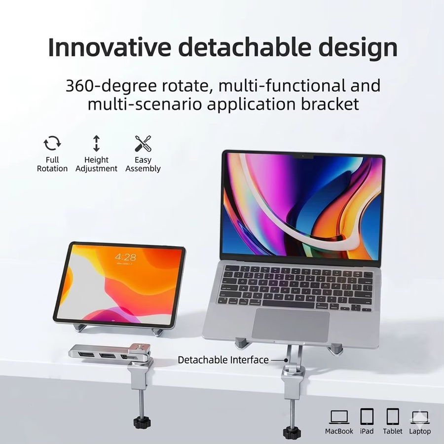 Ideaway 2-in-1 Laptop-Ständer mit 360 Grad drehbarer Basis und abnehmbarem Tablet-Arm aus Metall, faltbar, Farbe: Silber/Grau - Bild 2
