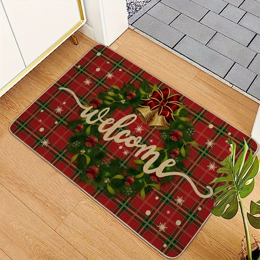 VIKAMA Weihnachtstürmatte mit Weihnachtskranz und Glocken im karierten Design, rutschfest und dekorativ - Bild 2