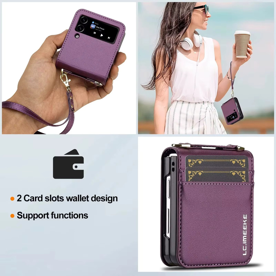Leder Crossbody-Kartenetui für Samsung Galaxy Z Flip 8 7 FE 6 5 4 3 5G mit Handschlaufe und Lanyard-Tasche in Braun und Lila - Bild 5