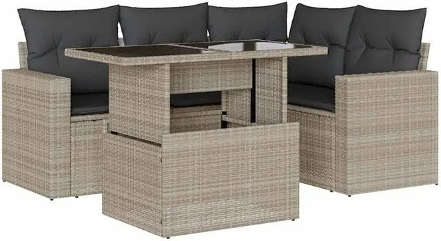 vidaXL 5-teilige Garten-Sofagarnitur aus Poly-Rattan mit Kissen in Hellgrau - Bild 1