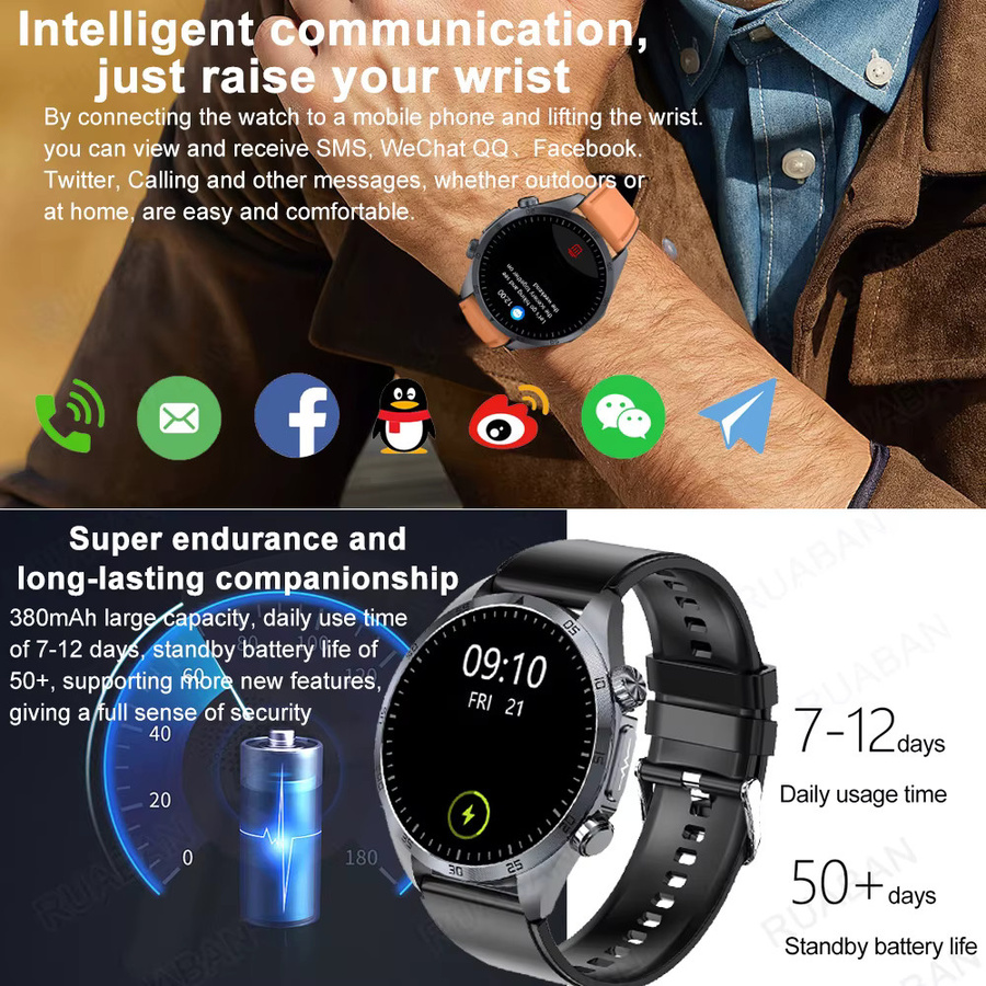 RNABAU Smartwatch für Herren in Schwarz mit Blutdruckmessung und Gesundheitsfunktionen wie Schlaf-Tracking, Puls-Therapie, Harnsäure- und Blutfettmessung sowie Wasserdichtigkeit - Bild 5