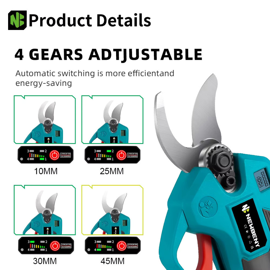 NEWBENY Bürstenloser elektrischer Astschneider 1800W, kabelloser Handschneider mit 4 Gängen für Sträucher und Bäume, kompatibel mit Makita LXT Akkus - Bild 3