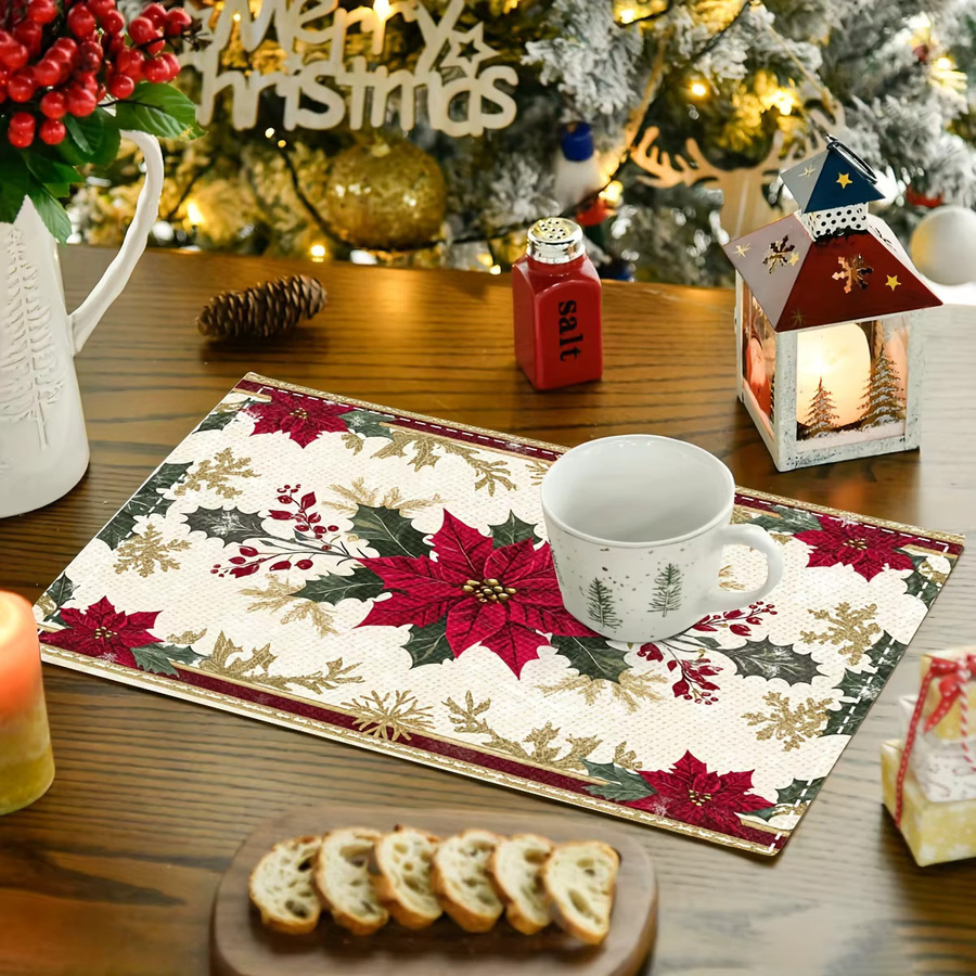 VIKAMA 4-teiliges Weihnachts-Tischset mit Weihnachtsstern aus Leinen in Rot und Gold - Bild 4