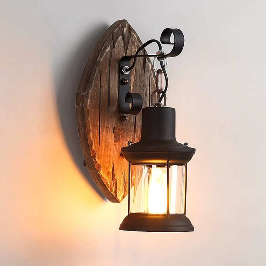 JOYINLED Vintage Wandleuchte im Industrie-Design aus Holz und Glas in Schwarz mit transparentem Glas für Garten, Restaurant und Schlafzimmer - Bild 2