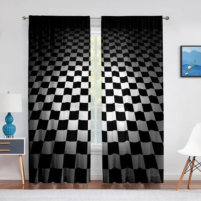 Yiran Furniture Voile-Vorhang mit Rennwagenflaggen-Design, schwarz-weiß kariert und transparent, 2er-Set, Breite: 65 cm, Höhe: 60 cm - Bild 1