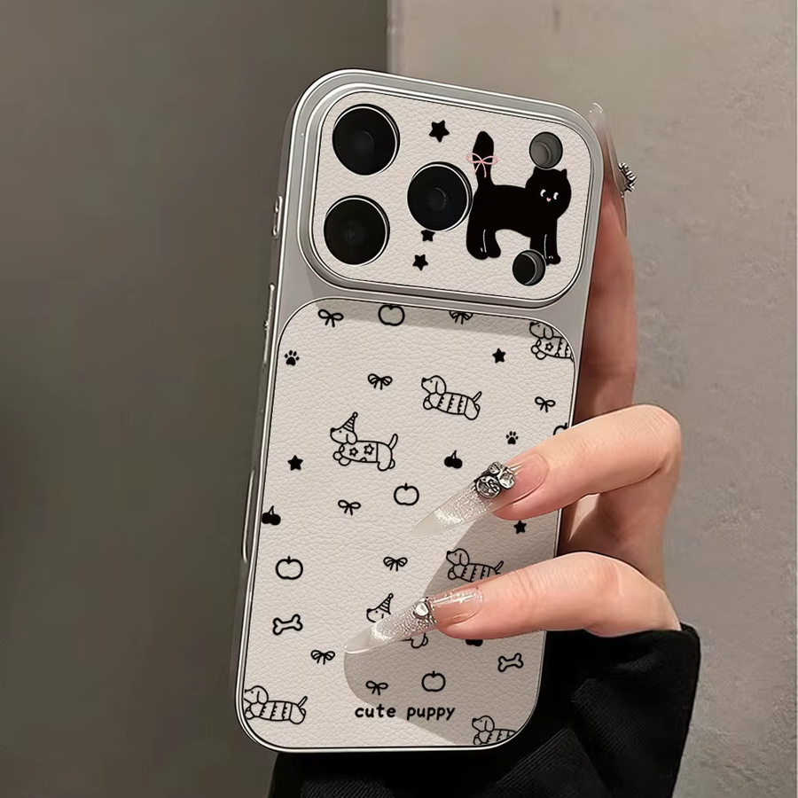 AKABEILA Handyhülle mit Ledertextur und Cartoon-Welpen-Design für iPhone, Silikonhülle mit Trageschlaufe, Farbe: Weiß - Bild 3