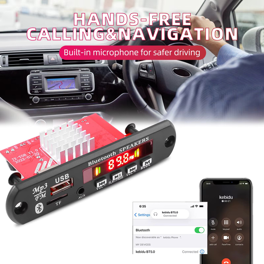 Kebidu Bluetooth 5.0 MP3 Decoder Board mit Verstärker und FM Radio, USB Modul für Auto, Schwarz - Bild 2