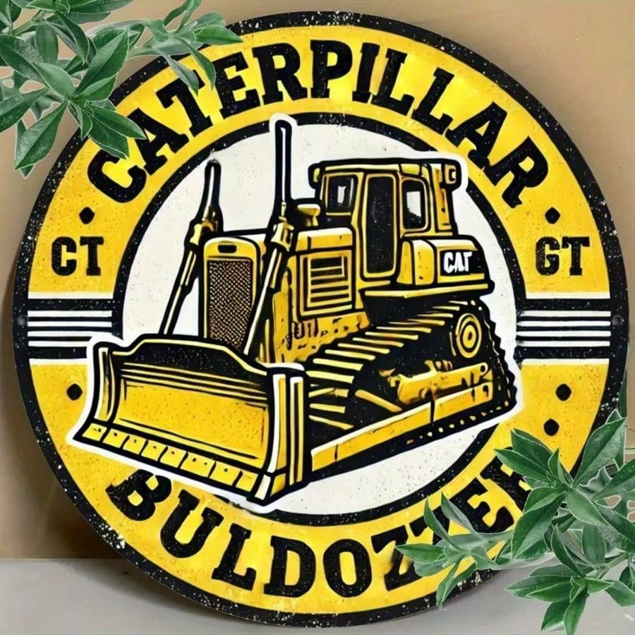 Caterpillar Bulldozer Vintage Metallschild rund in Gelb für deine Wanddekoration in Garage oder Bar - Bild 3