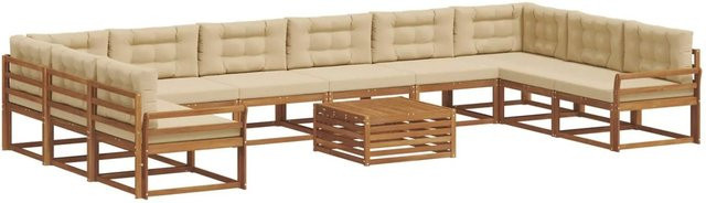 vidaXL Outdoor-Sofagarnitur aus Akazienholz in U-Form, 11-teiliges Set mit Kissen in Natur und Beige - Bild 1
