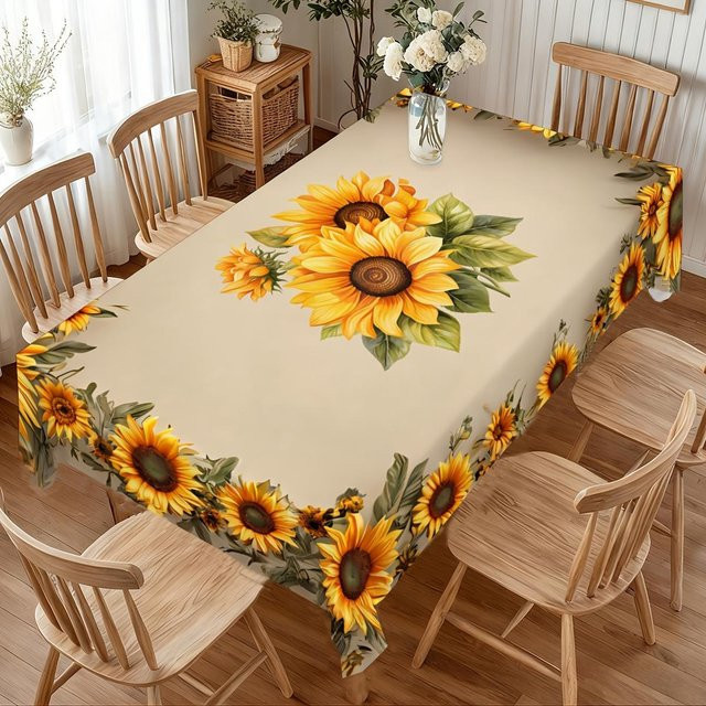 Waschbare rechteckige Tischdecke von JMG Household Supplies mit gelbem Sonnenblumen-Print und grünem Blattmuster, B/T: 140 x 200 cm - Bild 1