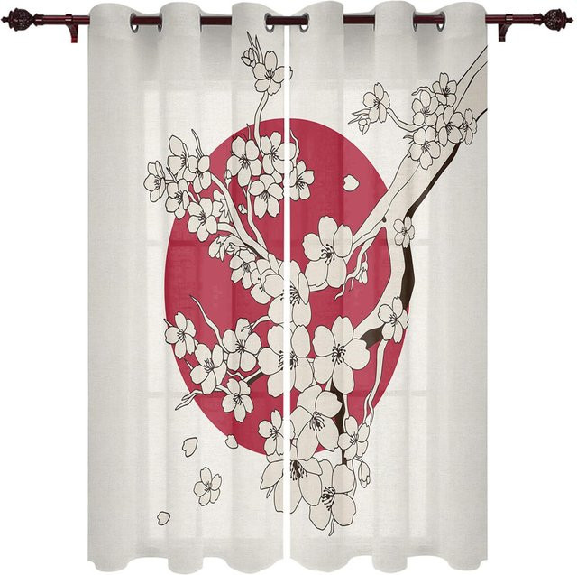 Super Six Sakura Fenstervorhang im japanischen Stil mit floralem Design, Weiß, Breite: 135 cm, Höhe: 230 cm - Bild 1
