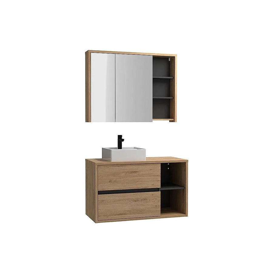 PURNAL Badmöbel-Set mit Hänge-Unterschrank, Waschbecken und Spiegelschrank in Naturfarben, Breite: 100 cm - Bild 2