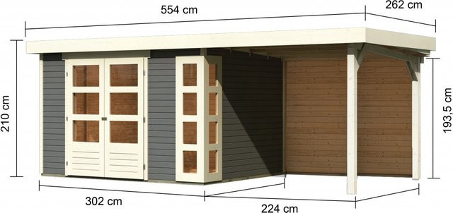 Gartenhaus KERKO 5 in Terragrau mit 240 m Anbaudach und Rückwand, Wandstärke 19 mm, B: 302 cm, T: 246 cm - Bild 1