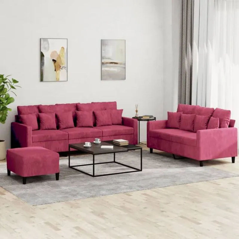 3-tlg. moderne Sofagarnitur mit Kissen aus Samt in Rot von Vidaxl - Bild 1