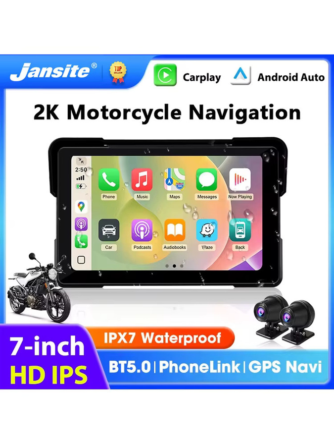 Jansite Motorrad-Carplay-Bildschirm mit GPS-Navigation, kabellosem Carplay und Android Auto, Dual-Bluetooth, IPX7 wasserdicht, Schwarz, 5/7 Zoll - Bild 6