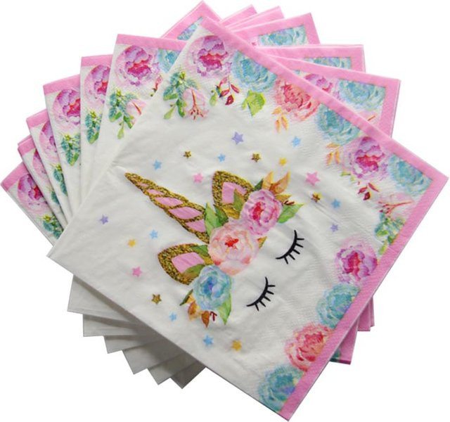 20 Stück Cyuan Einhorn Papierservietten mit Cartoon-Einhorn- und Blumenmuster in Mehrfarbig für Mädchen Geburtstag Partydeko - Bild 1