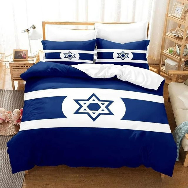 Bettwäsche-Set Israel Flagge mit 3D-Druck in Blau und Weiß, bestehend aus 1 Bettbezug und 2 Kissenbezügen, B/H: 135 x 200 cm - Bild 1