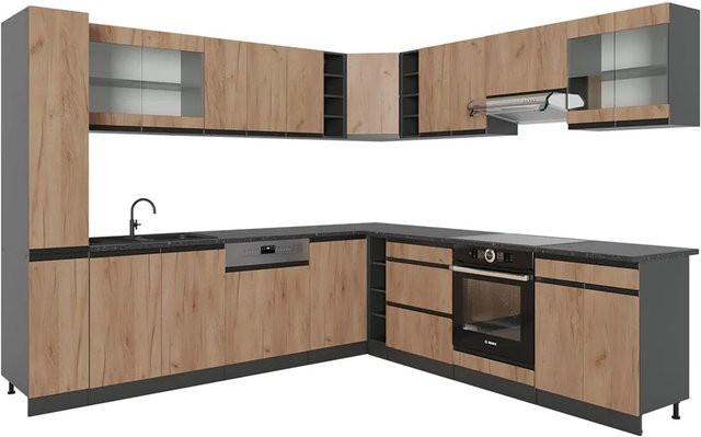 Vicco R-Line Eckküche J-Shape Einbauküche in Anthrazit und Eiche, B/T/H: 277 x 257 x 251,34 cm - Bild 2