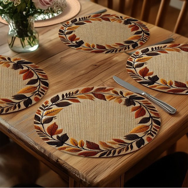 VIKAMA 4er Set runde Tischsets mit Herbst-Blatt-Design in Beige, hitzebeständig und rustikal aus Jute - Bild 1