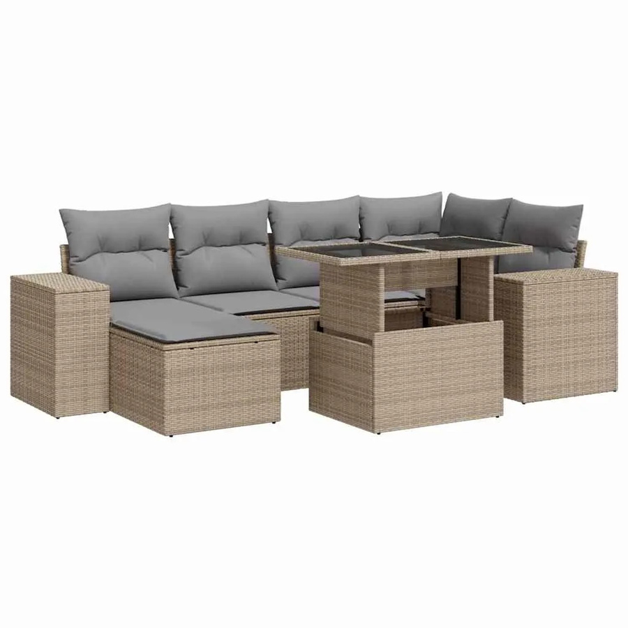 vidaXL 7-teilige Garten-Sofagarnitur in L-Form aus Poly-Rattan in Beige mit wetterfesten Kissen und Stahlgestell - Bild 2