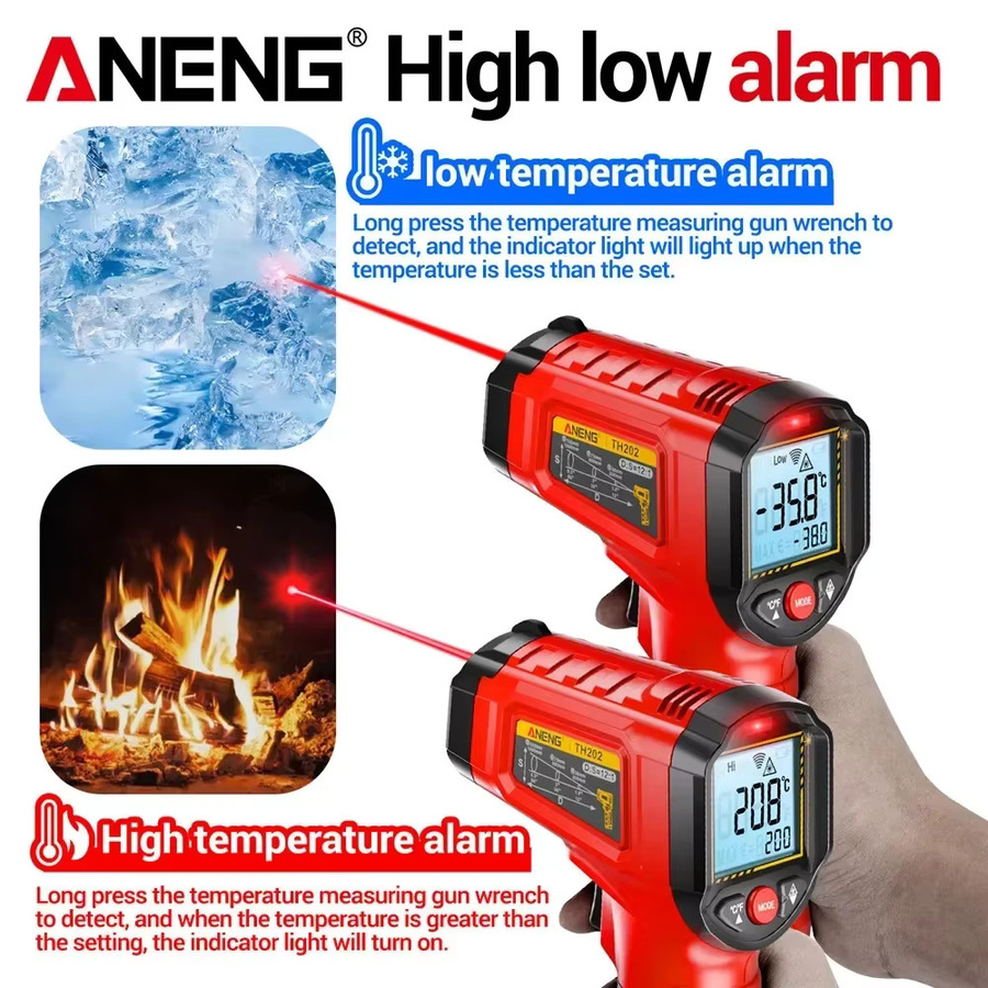 ANENG Infrarot-Thermometer TH202 Digitales Laser-Temperaturmessgerät mit LCD-Display in Schwarz-Rot für Messbereiche von -50 bis 600 ℃ - Bild 4