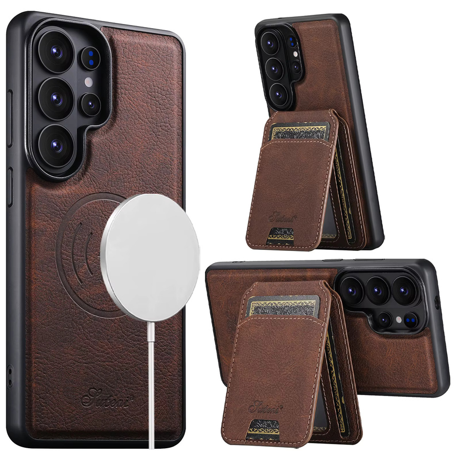 SUTENI Kunstleder Handyhülle mit Magnetkartenhalter und Ständer für Samsung Galaxy S26 Ultra S25 Plus S24 S23+ in Braun mit kabelloser Ladefunktion - Bild 2