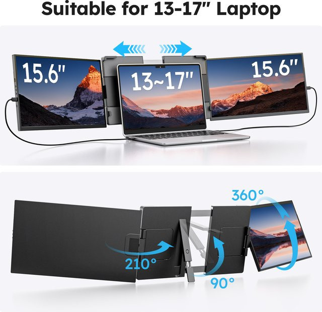 Dopesplay Triple Screen Extender für Laptop und Mini PC, 15,6 Zoll Full HD IPS Dual-Monitor Erweiterung, Schwarz - Bild 1