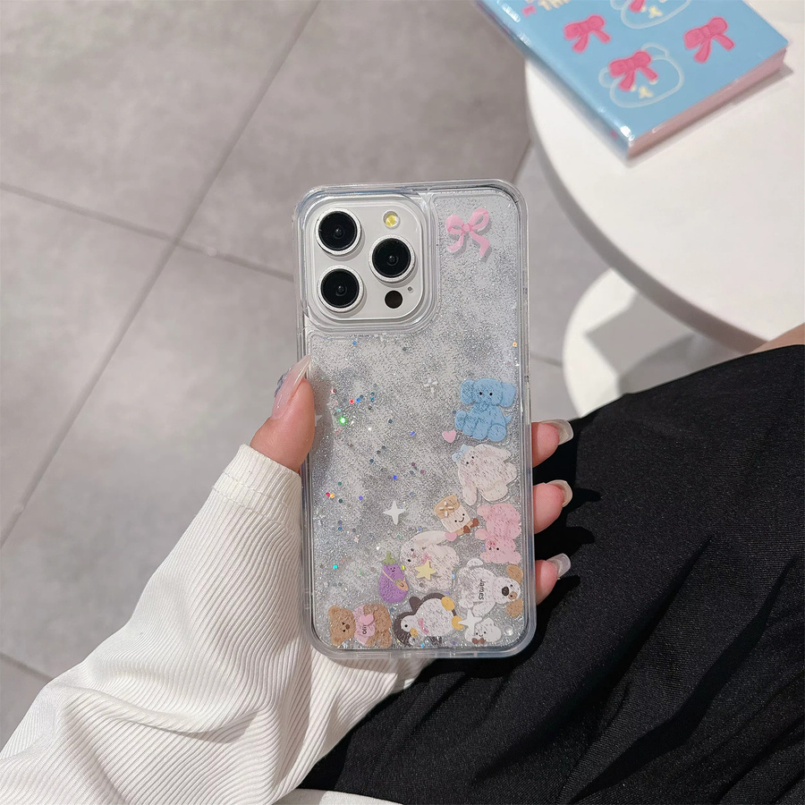 JINHR Handyhülle mit glitzerndem Treibsand und Cartoon-Tier-Design für iPhone 17 16 15 14 13 Pro Max Plus, stoßfest, beige/transparent - Bild 2