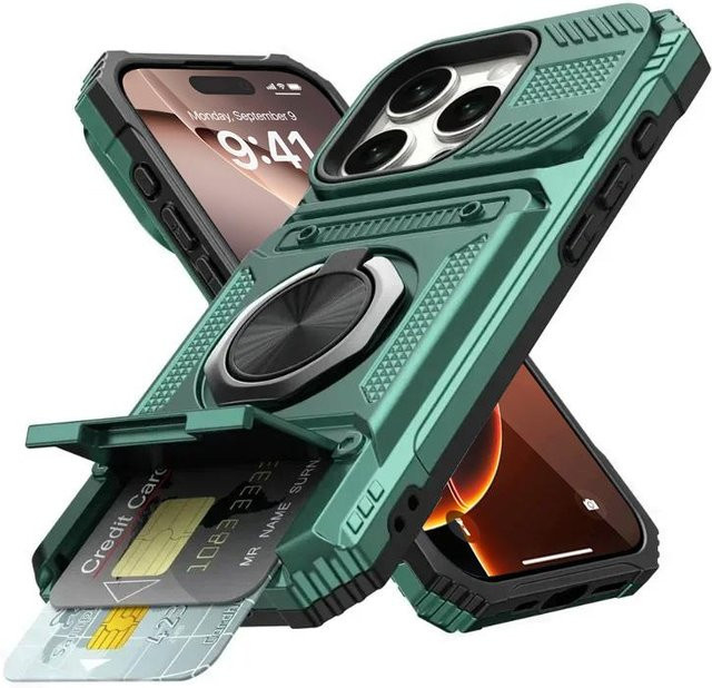 Magnetische iPhone Hülle mit drehbarem Ringhalter und Geldbörsen-Funktion für iPhone 17 Air 16 15 14 Plus 13 Pro Max in Grün - Bild 1