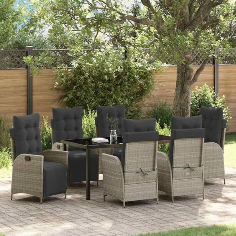 Modernes Garten Essgruppen-Set aus Poly Rattan und Metall in Hellgrau mit Glas von vidaXL, 7-teilig - Bild 1