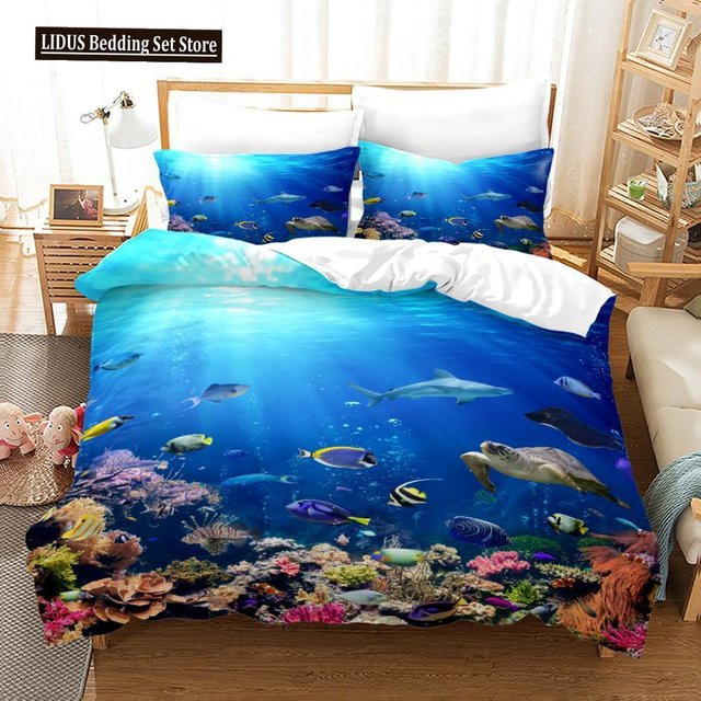 Bettwäsche Set Ozean Unterwasserwelt mit Goldfisch und Korallenriff, 3D-Druck, Polyester, Blau/Mehrfarbig, B/H: 135 x 200 cm - Bild 1