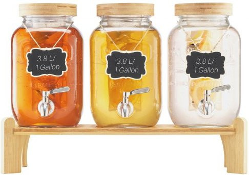 VEVOR Getränkespender Set aus Glas mit Holzständer und tropfsicherem Zapfhahn, 3 x 3,8 l, transparent - Bild 1