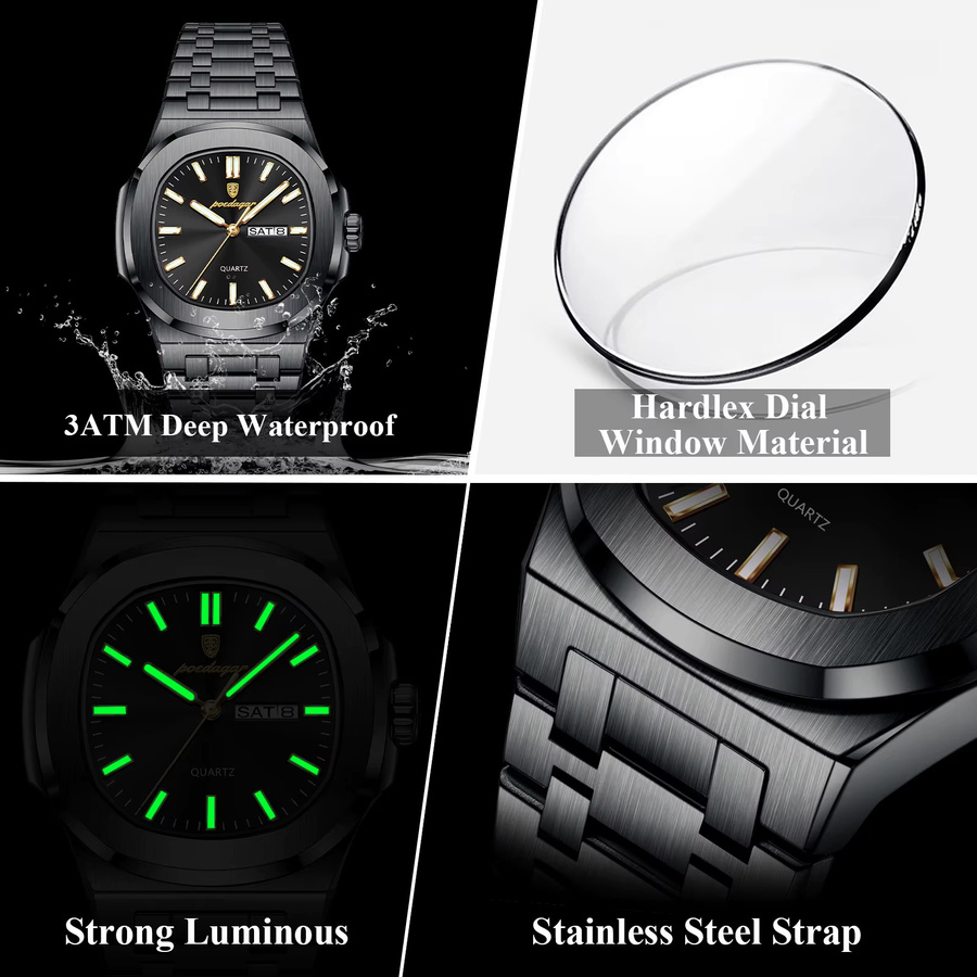 POEDAGAR Armbanduhr Edelstahl, Quarz, Silber, Herren, Datum, Wochentag - Bild 4