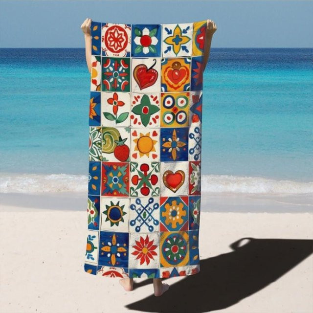 Dalangpa Bohemian Strandtuch mit Kachelmuster in Weiß und Multicolour, Winddicht und Sonnenschutz, Breite: 30 cm, Höhe: 60 cm - Bild 1