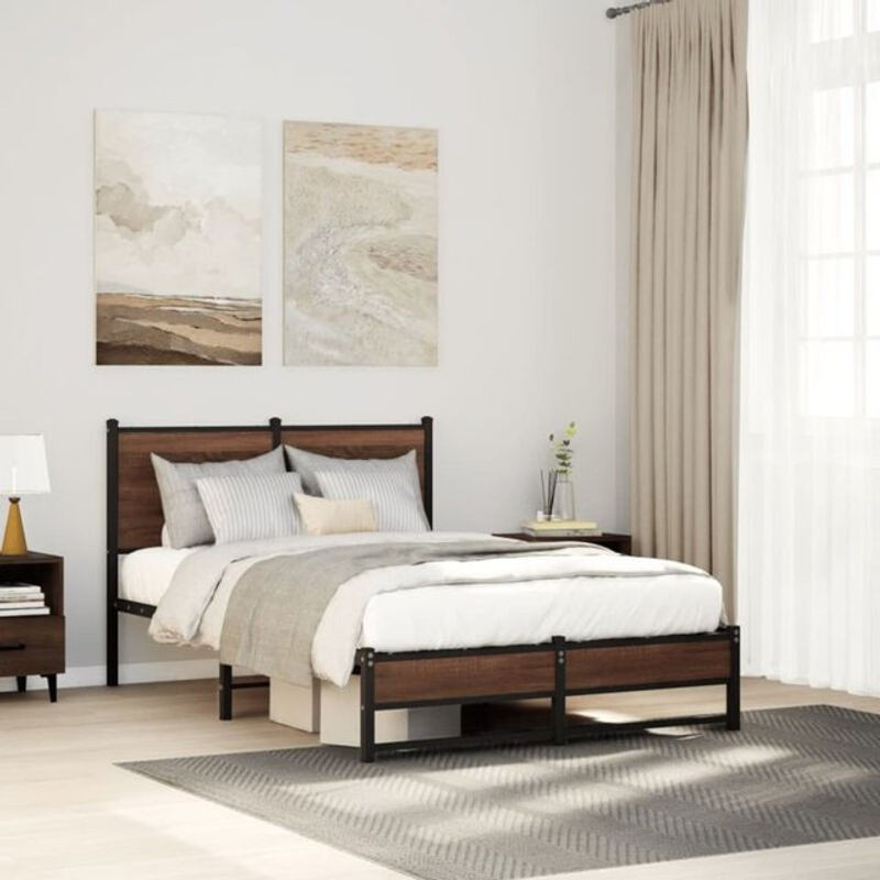 Metallbett Vidaxl in Braun mit Eichen-Optik im Industrial-Stil, B/T: 120 x 190 cm - Bild 1