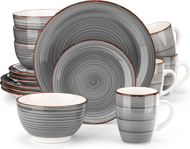 vancasso 32-teiliges Porzellan-Geschirrset in Grau im Vintage-Design bestehend aus Speisetellern, Desserttellern, Schüsseln und Bechern - Bild 1