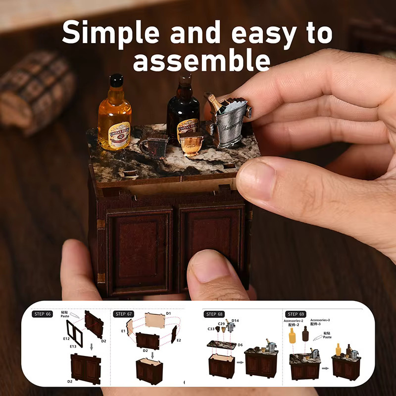 Zuuton DIY Holzpuppenhaus Miniatur-Montagemodellbausatz Cottage 3D-Puzzle in Braun mit Möbeln und Werkzeug - Bild 2