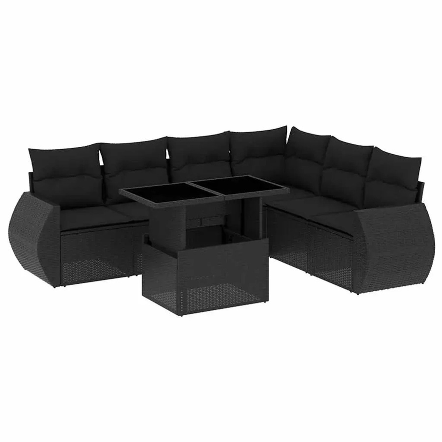 vidaXL 7-teilige Garten-Sofagarnitur in L-Form aus schwarzem Poly-Rattan mit Kissen und pulverbeschichtetem Stahlgestell - Bild 2